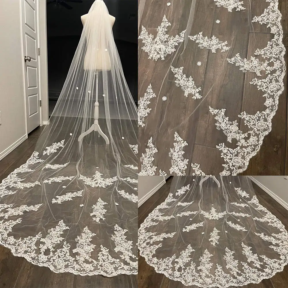 

Elegant One Layer Soft Tulle Wedding Veils Long Cathedral Length Veils Appliques Edge Customized Bride Accessories