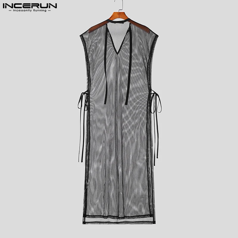 Stylish Casual Style Tops INCERUN Men\'s Sexy See-through Mesh Long-style Tank Tops Male V-neck Strap Sleeveless Thin Vests S-5XL