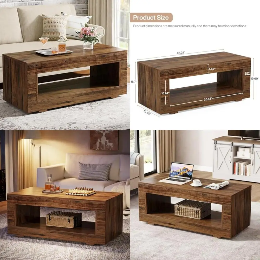 

Прямоугольный журнальный столик в современном фермерском стиле с местом для хранения вещей для гостиной, 43, двухъярусный центральный стол