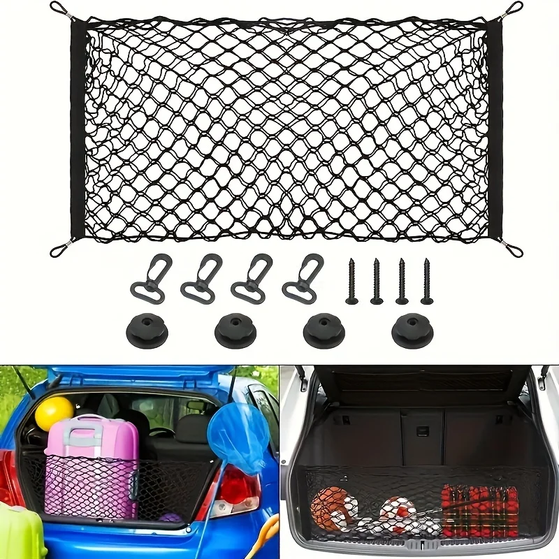 1 Stück Kofferraum-Aufbewahrungsnetz, elastisches Gepäcknetz, Kofferraum-Aufbewahrungsnetz mit Tasche, mit Haken, Auto-Innenausstattungsteile – Detail 4