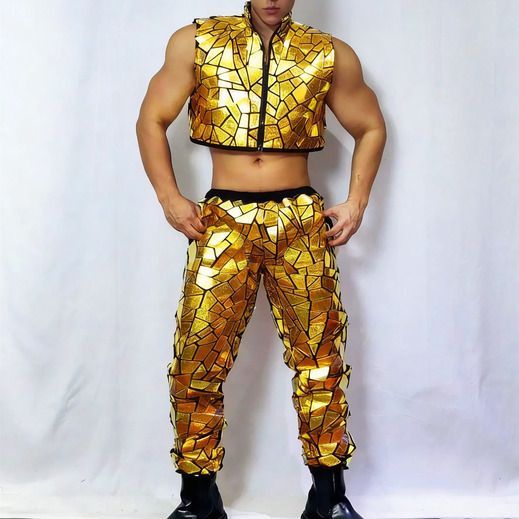 Silver Red Laser Sequins Vest Pants Jazz Hip Hop Dance Costume Male Singer Dancer Groups Nightclub Carnival Party Stage Wear