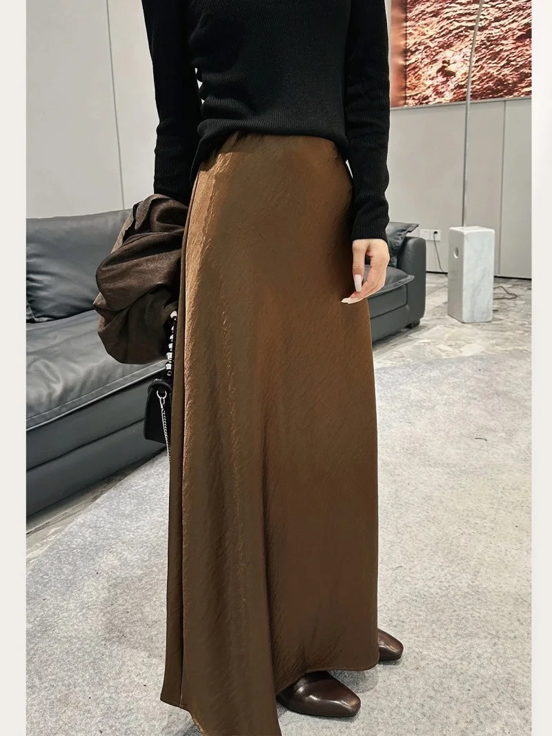 

2025 Black Satin Skirt Woman High Waist Elegant Long Skirts For Women Fashion Summer Midi Skirt Office Women's Skirts