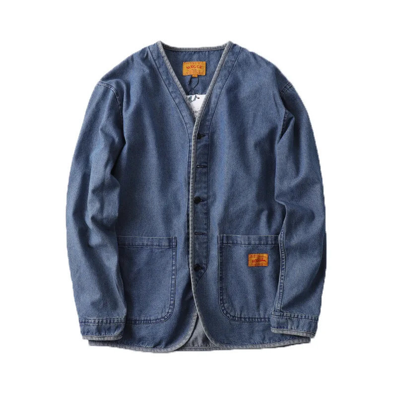 

Japanese retro heavy washed workwear denim jacket men's spring collarless robe men's coat