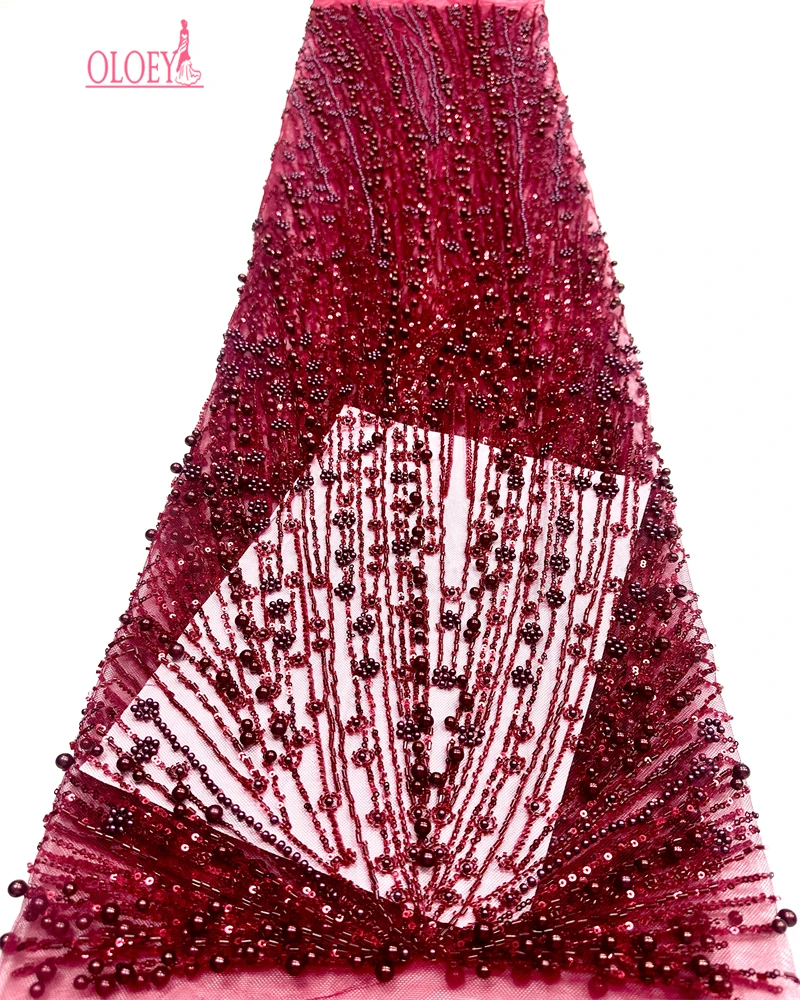 

OLOEY African French Sequined Lace Fabrics High Quality Tulle Lace Nigerian Beaded Embroidered Dress Material For Party