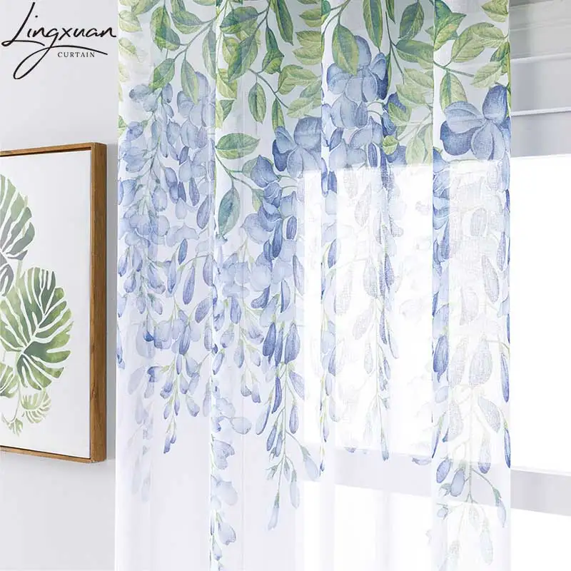 Pastoral Wisteria Flower Tulle Curtains For Living Room Bedroom  Printed Sheer Curtains Kitchen Voile Window Treatments Drapes