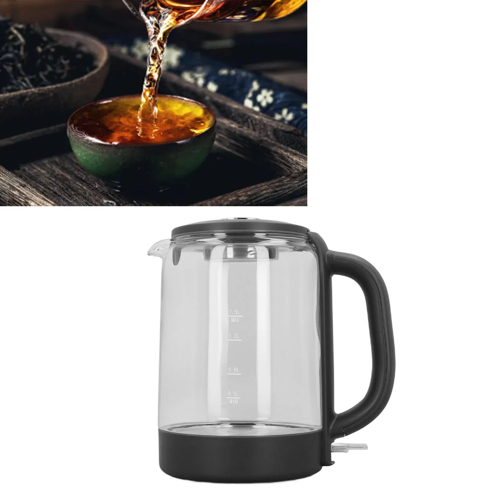 Chaleira elétrica de vidro para chá, 1,5l, água quente, bule, aquecedor, desligamento automático, anti-ebolim seco