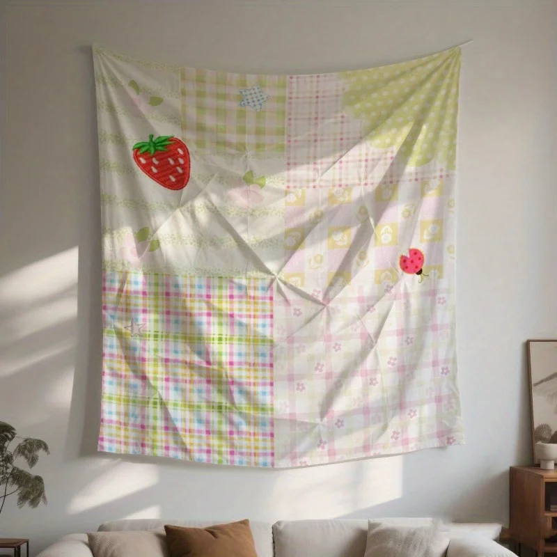 Böhmischer rustikaler Patchwork-Wandteppich, Erdbeer-Plaid, gepunktet, Instagram-Raumdekoration