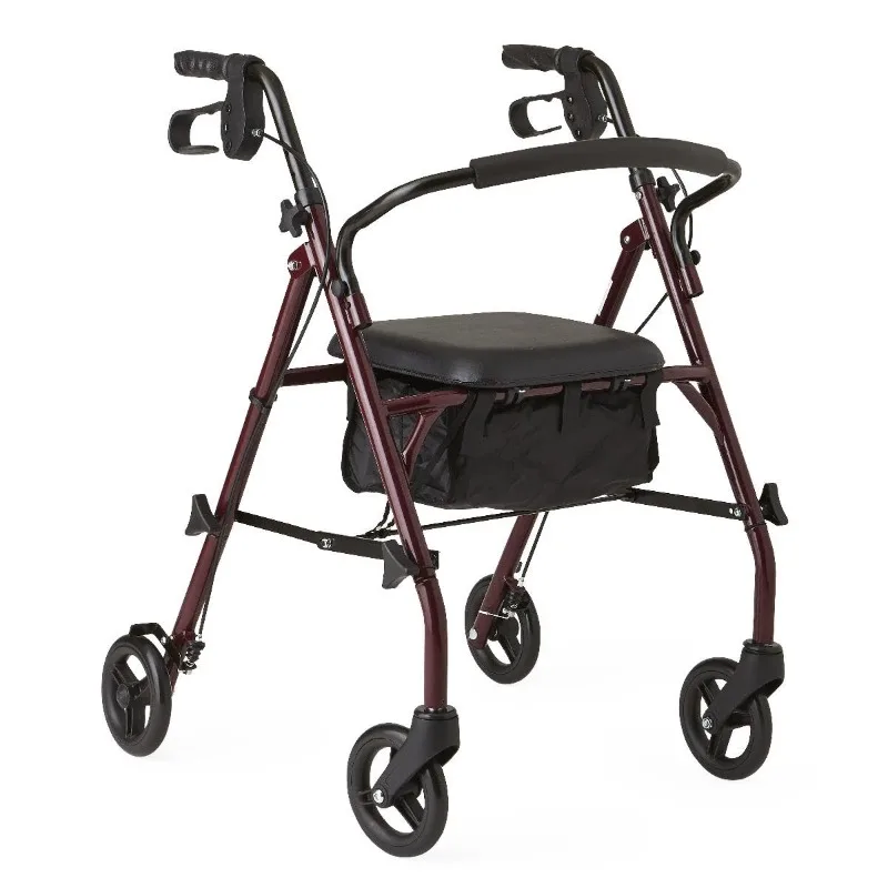 

home.Steel Rollator Walker with Seat, Burgundy, 350 lb. Weight Capacity, 6” Wheels, Foldable, Adjustable Handles, Rollin