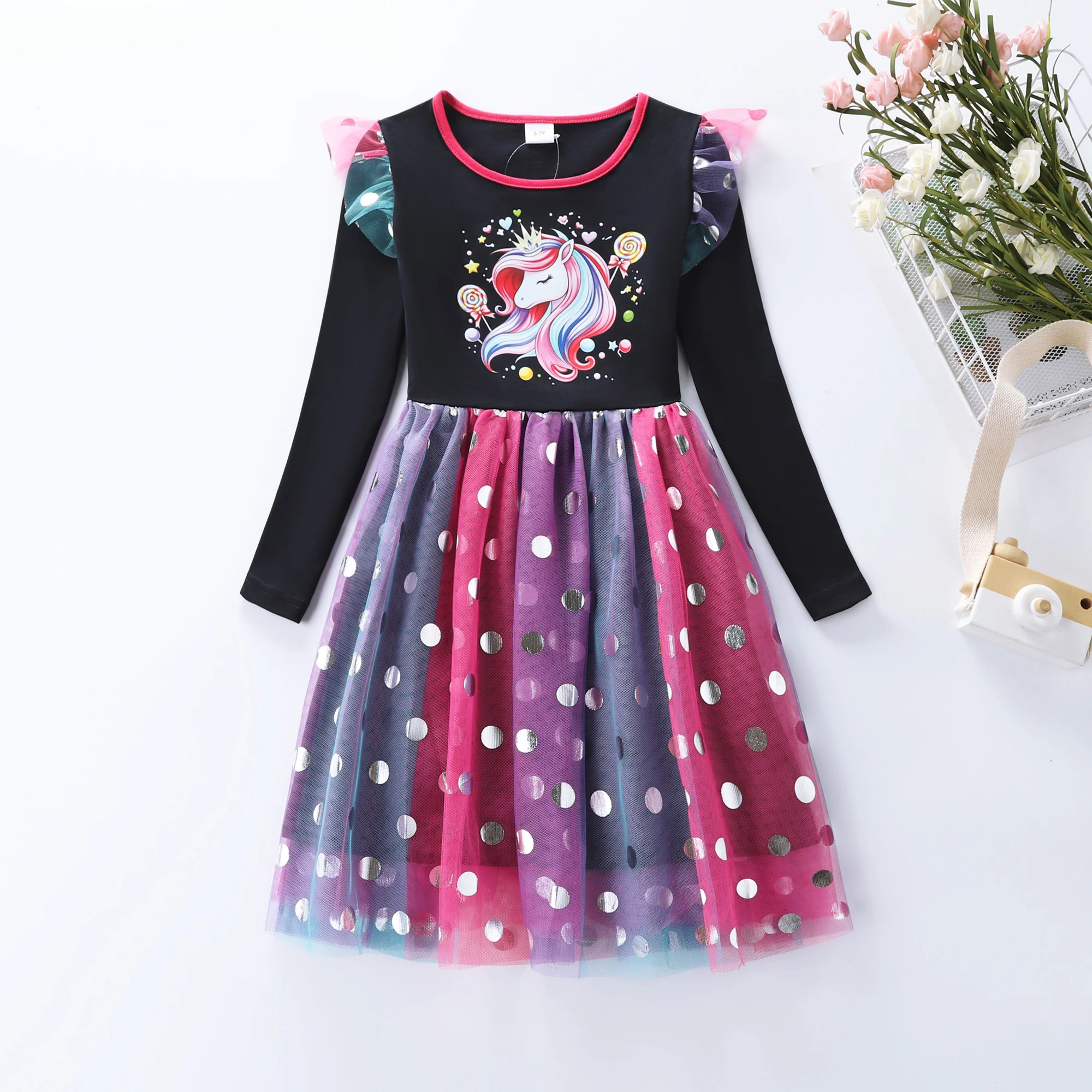 Langärmliges Kleid mit Regenbogen-Candy-Pferdemuster für Mädchen, Herbstkleid mit Polka-Dot-Print und Mesh-Einsatz LH1770 – Detail 2