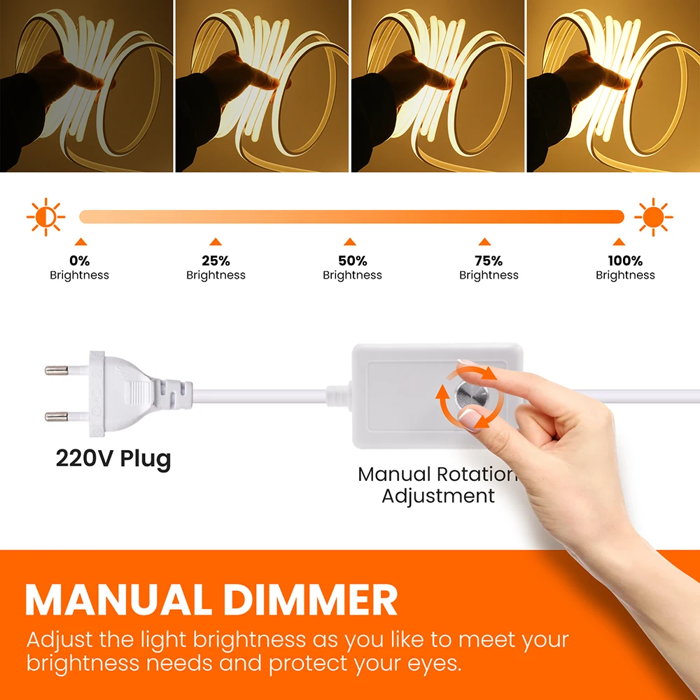 220 В с регулируемой яркостью COB светодиодный переключатель неоновая лента IP68 водонепроницаемый комплект вилки европейского стандарта гибкая лампа 288LED белый натуральный теплый домашний декор 0,5 м 5 м