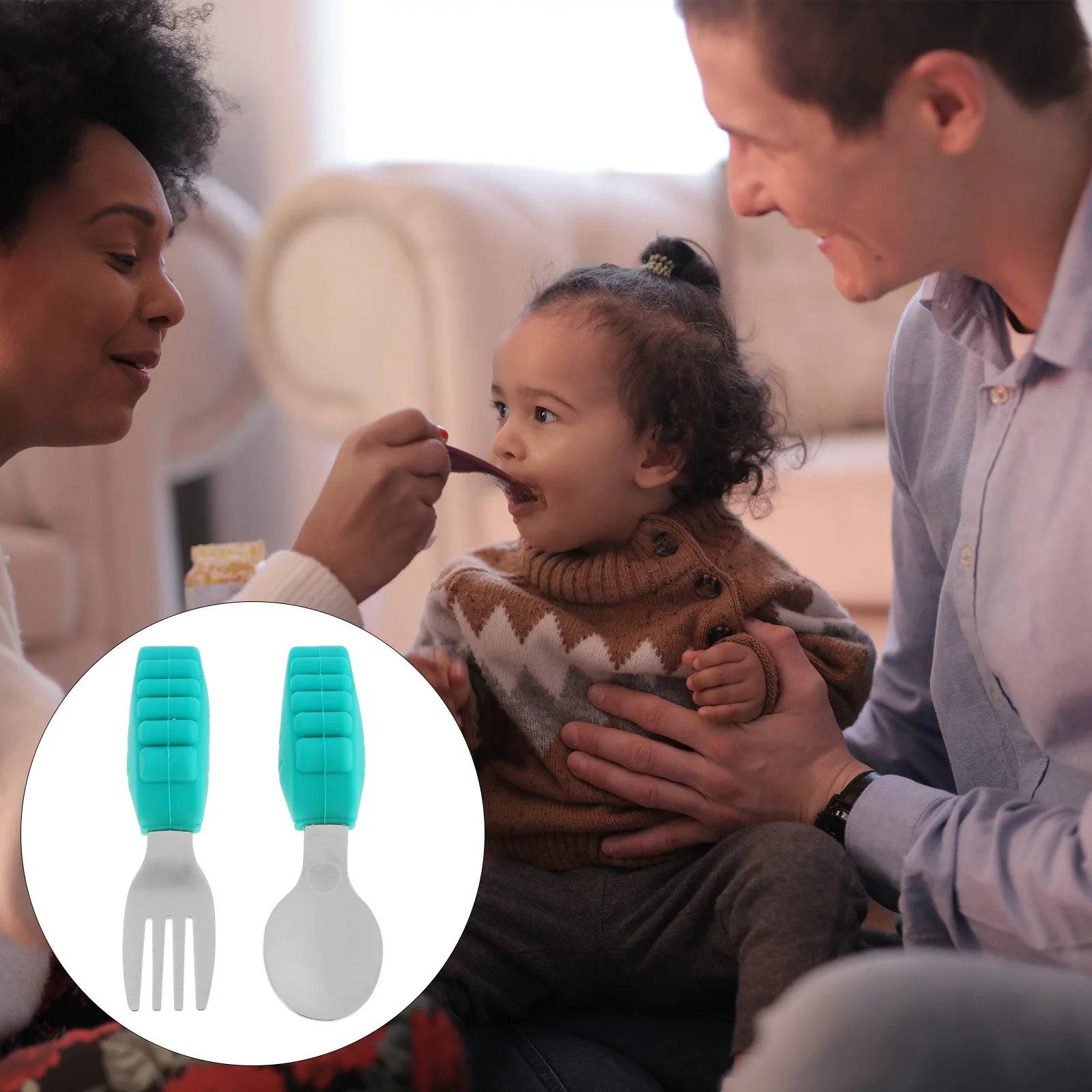 

1Set Baby Feeding Set Stainless Steel Fork Spoon with Soft Silicone Handle Ergonomic Round Smooth Finish for Little