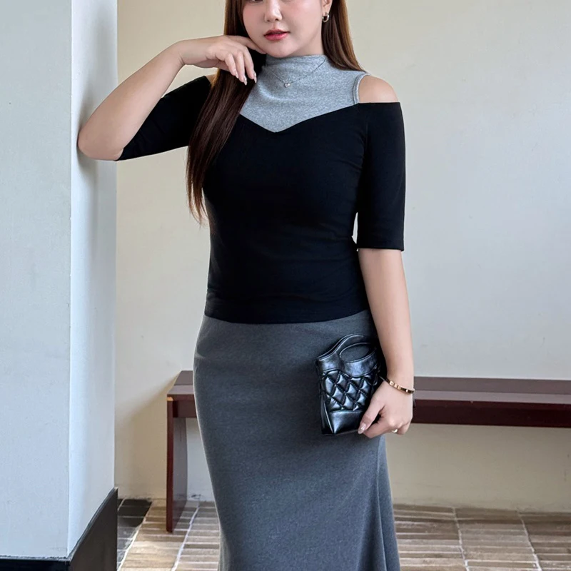 

XXXXL Fashion Plus Size Woman Clothing T-Shirt Premium Off-the-shoulder Color Block Knitted Top Spring Summer Half Sleeve Tees