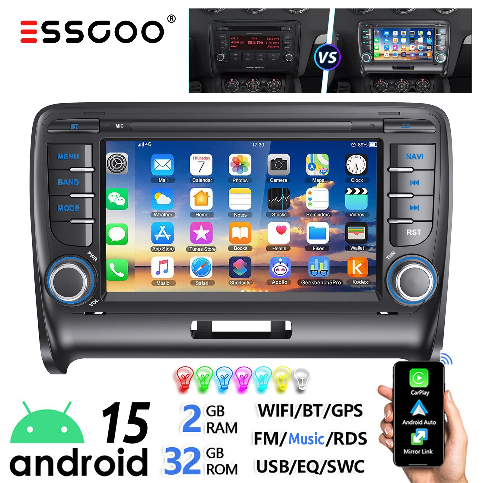 ESSGOO Für Audi TT MK2 8J 2006-2012 Android 15 2+32G Kabelloses Apple Carplay Android Auto Autoradio FM Bluetooth GPS Navi WIFI RDS EQ USB Mirror Link