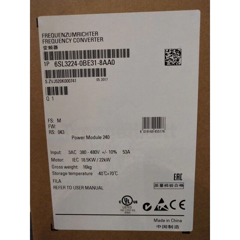 New 6SL3224-0BE31-8AA0 G120 Power Module PM 240 3AC380-480V +10/-10% 47-63HZ 6SL3 224-0BE31-8AA0