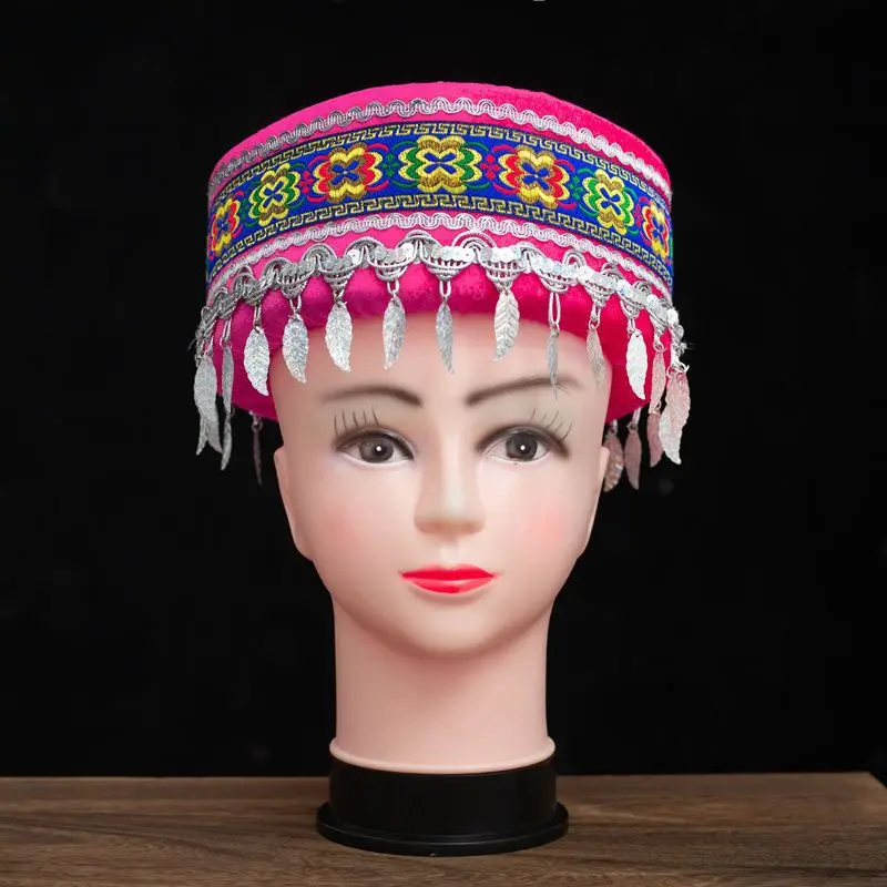 Chinese Miao Dai Nationality Tassel Hats Women Traditional Festival Party Headdress Dance Accessories Performance Dance Wear