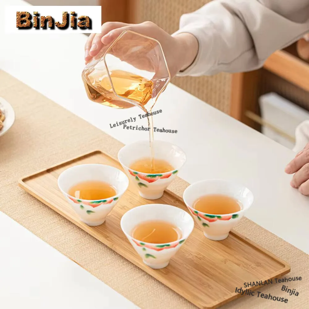 

4pc/set Ice Seed Jade Porcelain Teacup Hand-painted Peach Cup Dehua White Hat Cup Ceramic Master Cup Tea Pair Set Tea Gift Box