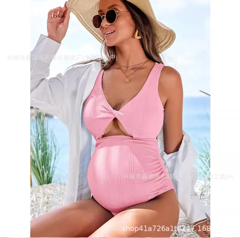 

Summer Maternity Swimsuit One-Piece High-Waisted with Open Back Solid Color Comfortable Swimwear for Beach Hot Spring Vacation