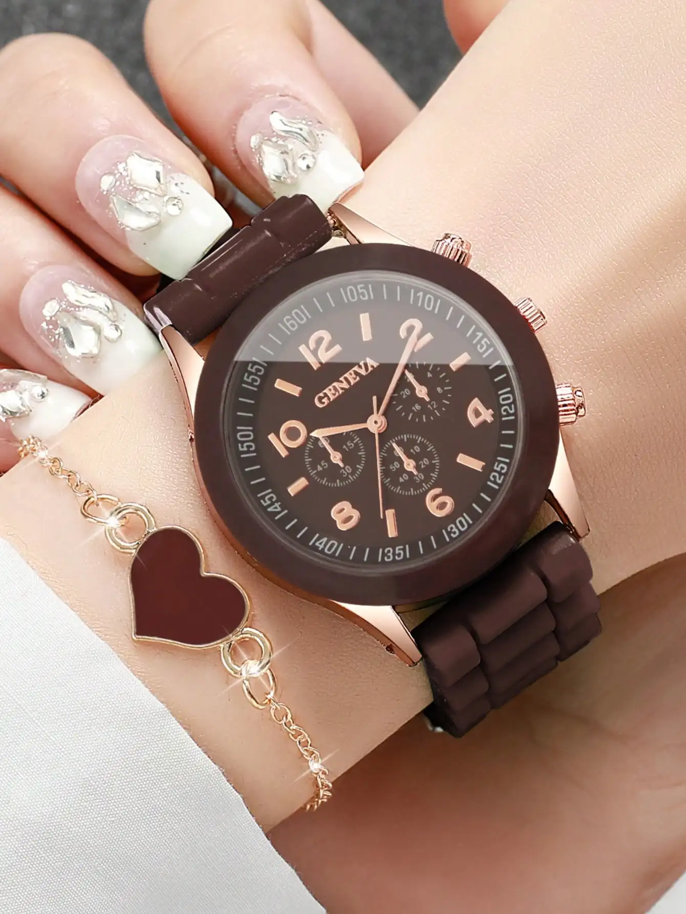 2pcs/Set Women's Silicone Watch With Classic Three-Eye Numeric Dial, Elegant Quartz Wrist Watch + Heart-Shaped Bracelet (Watch Box Not Included) sj260302131201569129344