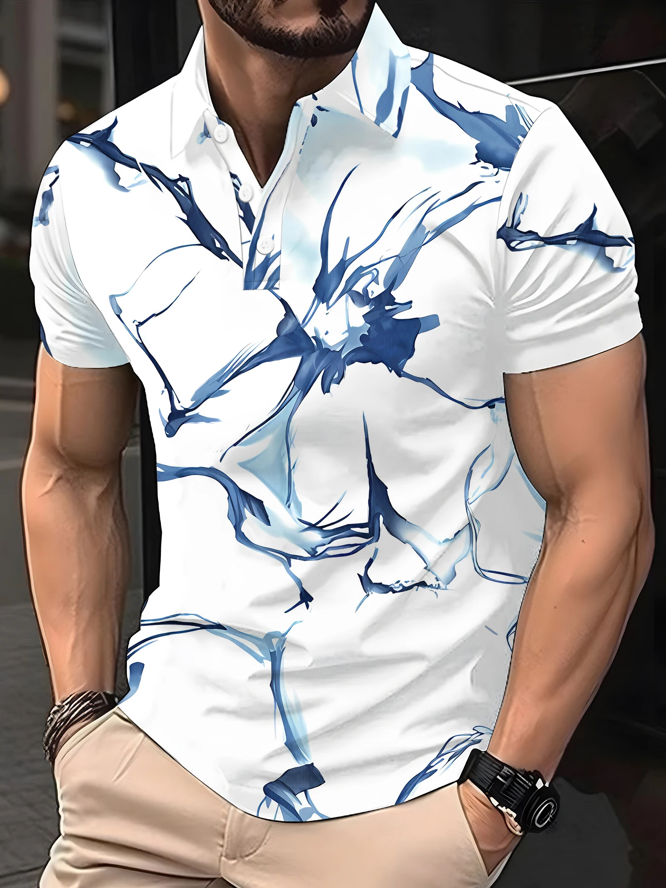 

Men's summer trend new digital print color matching lapel casual outdoor short-sleeved POLO shirt men's summer clothes