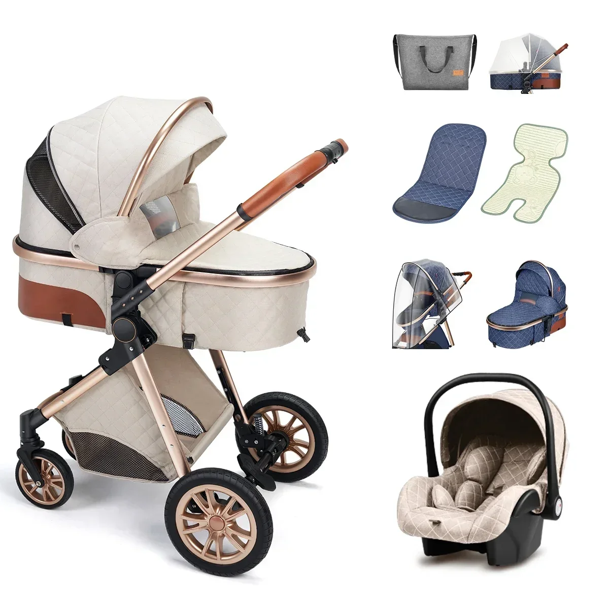 Poussette bébé de luxe 3en 1 avec siège auto, portable, réversible, paysage élevé, voyage