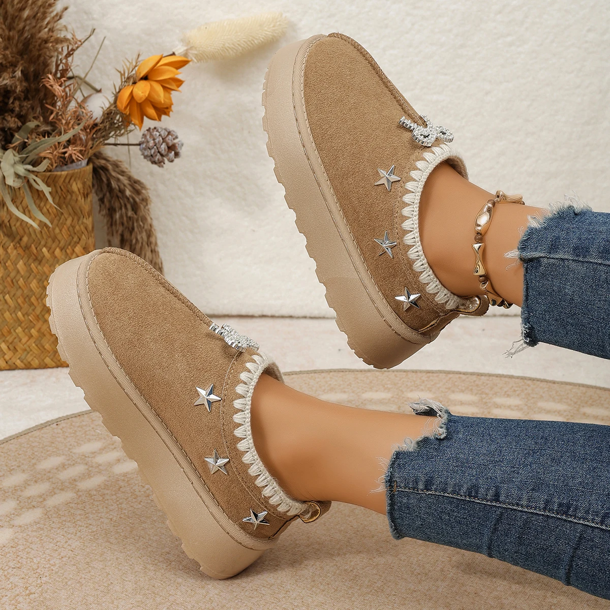 Women's Suede Platform Mules, Star Studded Slippers, Rhinestone Bow House Shoes, Crochet Trim Cotton Slippers, Thick Sole Indoor