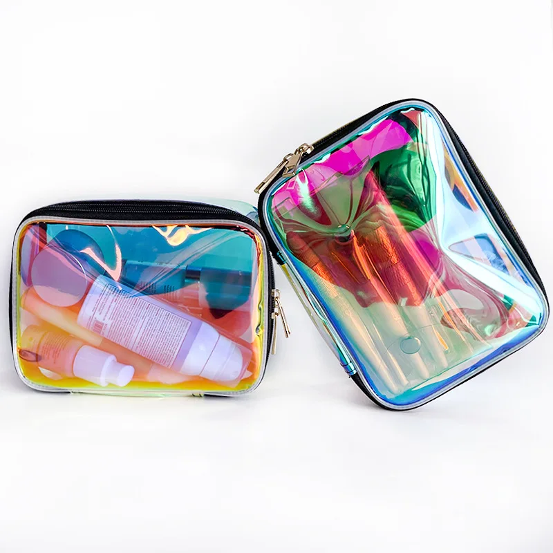 New Arrival Clear Holographic iridescent Cosmetic Bags  Transparent Holographic Waterproof Travel Toiletry Bag