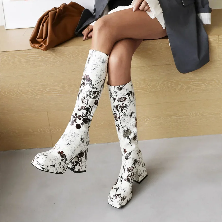 Stivali invernali da donna al ginocchio con plateau verde colore misto fiore tacchi alti e spessi punta quadrata da donna Slip-on stivali lunghi in