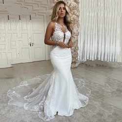 Sexy Mermaid Wedding Dresses Open Back Scoop Neck Plus Size Lace Appliques Bridal Gowns Sweep Train Vestido De Casamento