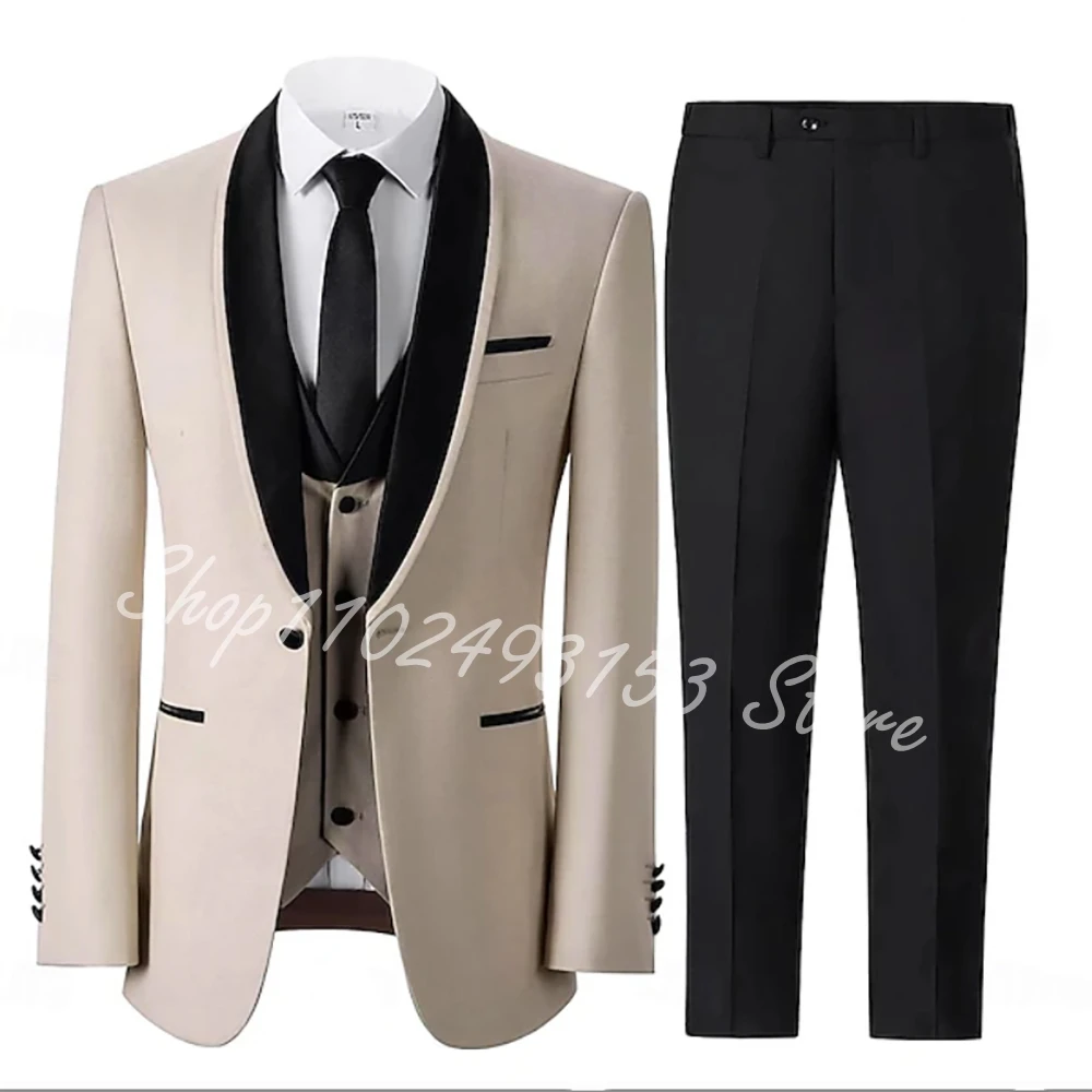 

Men's Party Suits Evening Wear Tuxedo Beige Fashion Formal Groomsmen Bridegroom Wedding Tuxedo Blazer Vest Pants Costume Homme