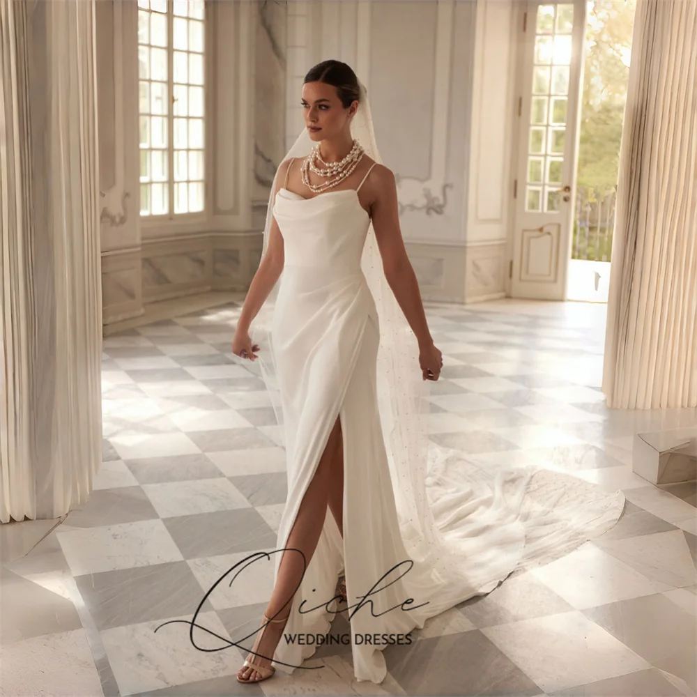 QICHE Elegant Pleat Mermaid Wedding Dress Spaghetti Straps Slit Spaghetti Straps Bridal Party Gown Vestidos De Noiva Customized