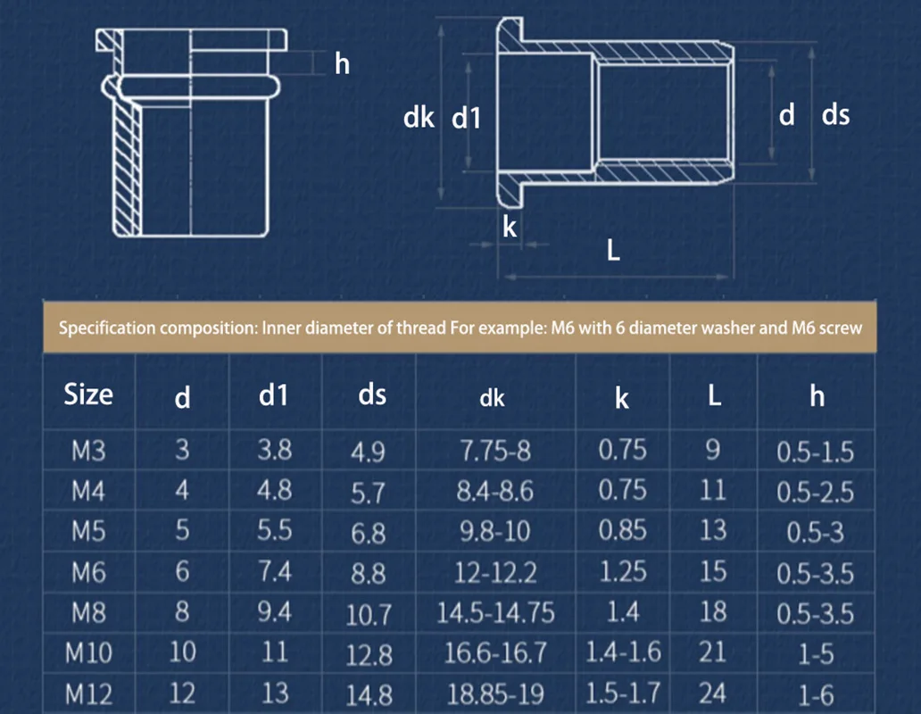 304 Stainless Steel Flat Head Riveted Nuts Large Small Countersunk Head Vertical Stripe Rivet Nut M3 M4 M5 M6 M8 M10 M12