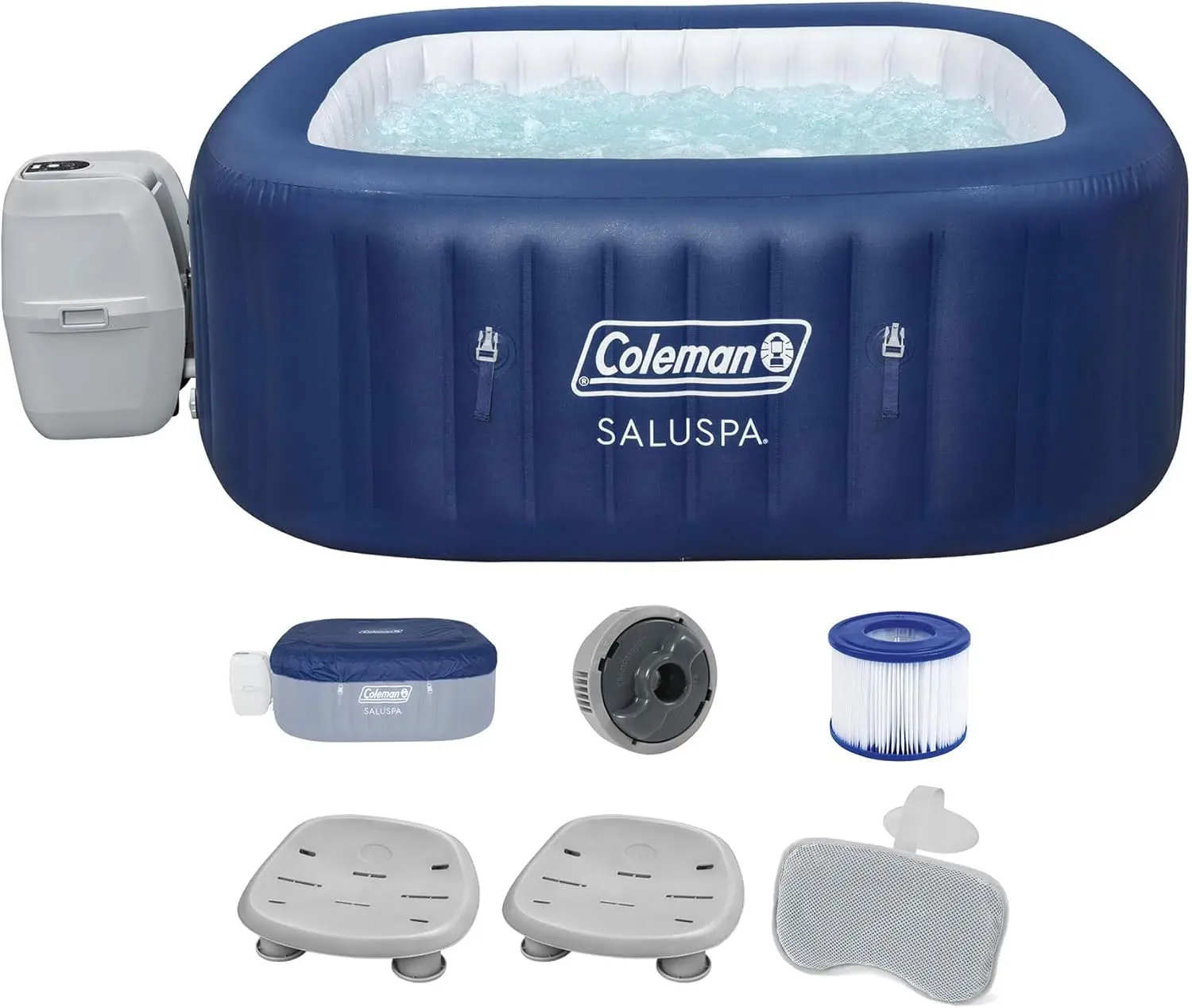 Coleman Hawaii Airjet Inflatable Hot Tub With Energysense Cover, Blue + Saluspa Spa Seat (2 Pack) + Saluspa Pillows