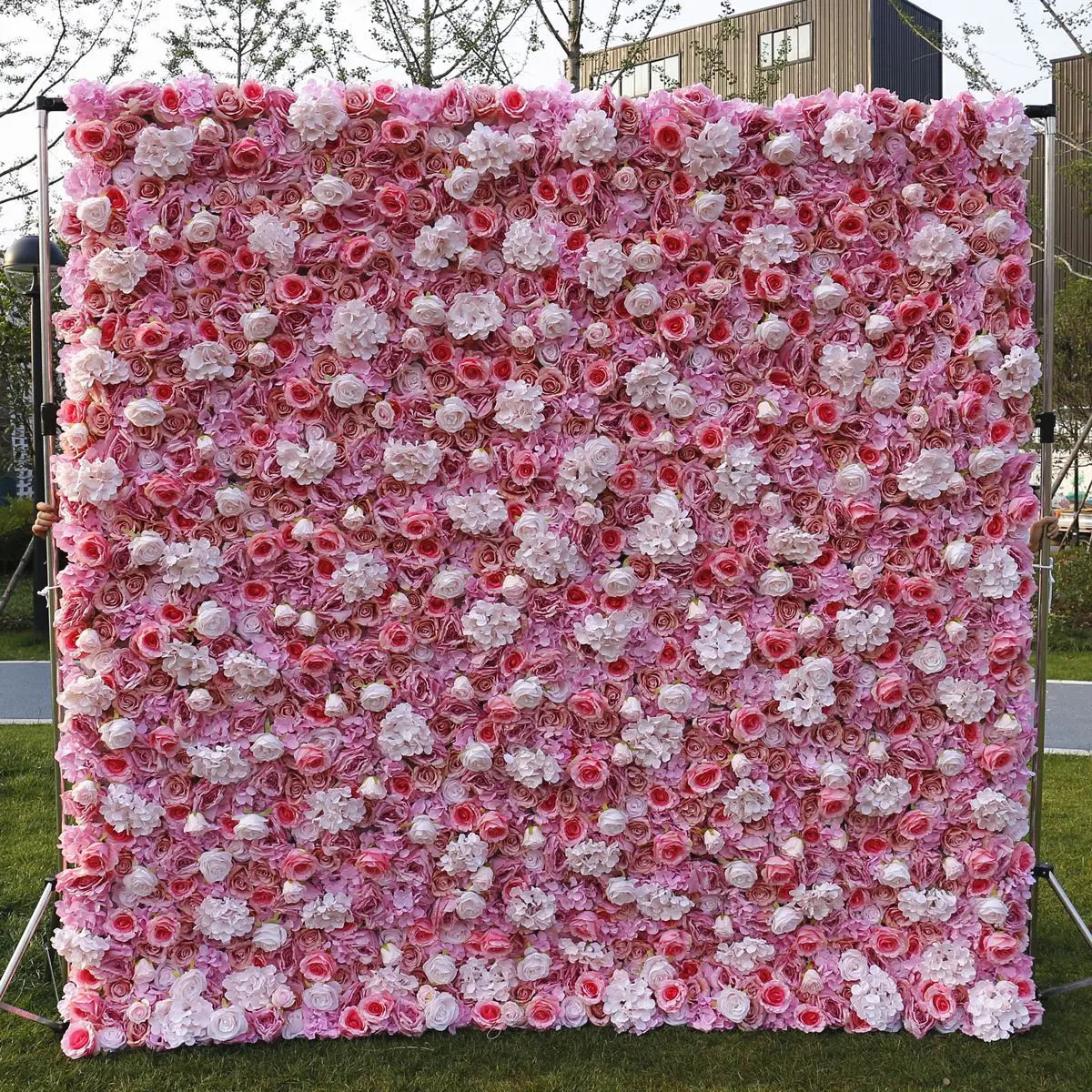 

3D pinkish-white Wedding Backdrop Decor Rose Hydrangea Rolling Up Curtain Fabric Cloth Flower Wall Party Event Props