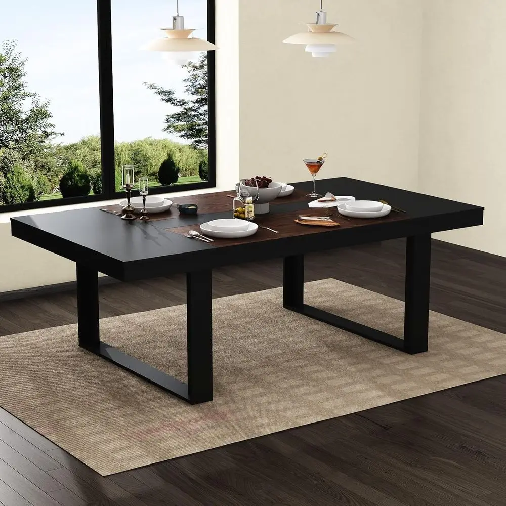 Elegant 86.8 Walnut & Black Rectangular Dining Table, Seats 6-8, for Kitchen or Dining Room