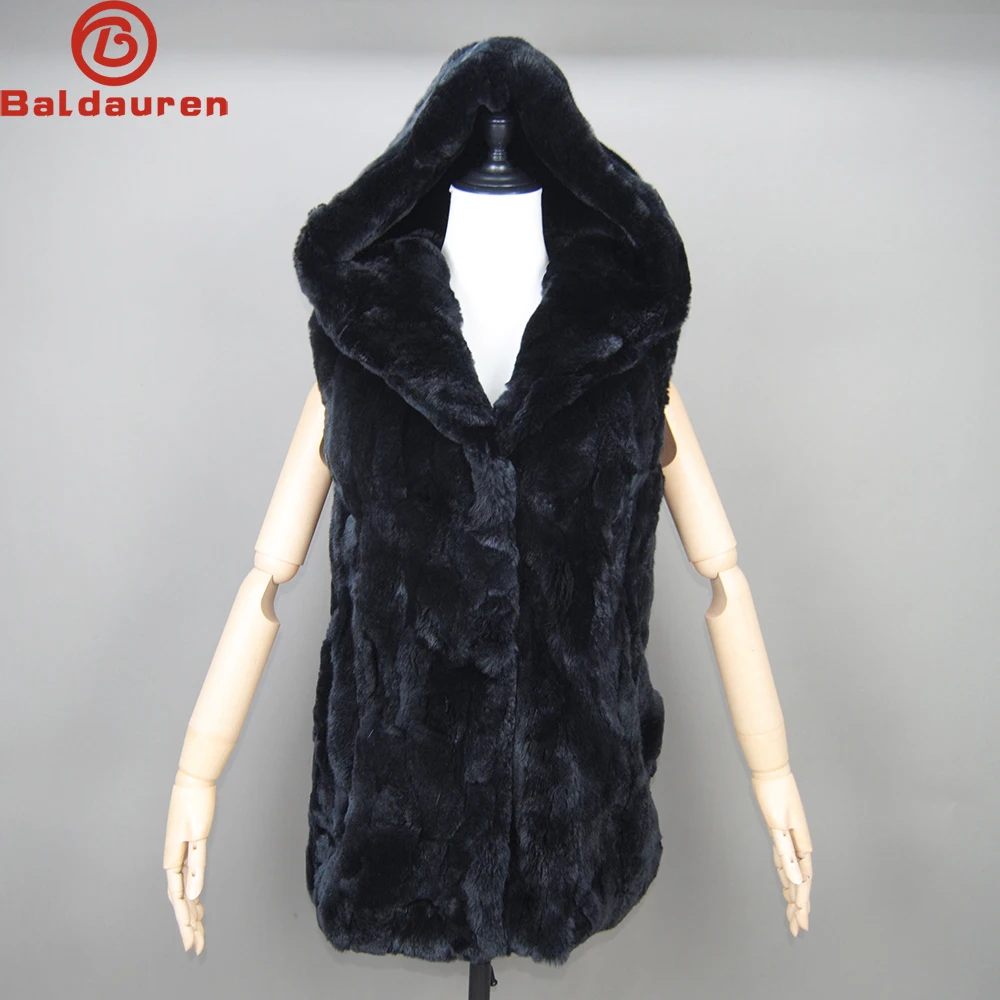 

Fashion Women Hooded Fur Coat Beige Rex Rabbit Fur Vest Sleeveless with Hood Winter Rex Rabbit Fur Waistcoat 100% Real Fur Vest