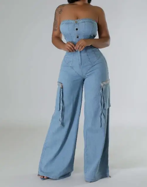 

New Casual and Fashionable Strapless Women's Slim Fit Denim Jumpsuit Work Pants