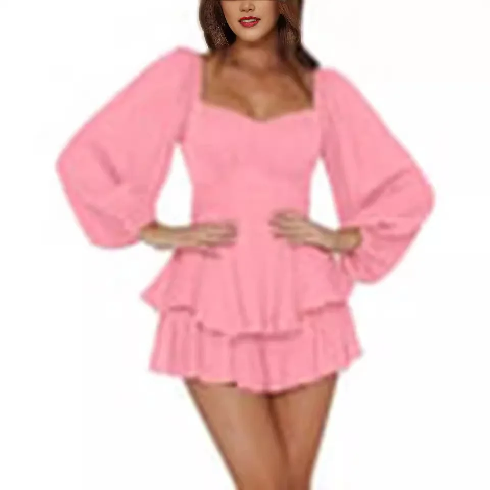 

Solid Color Fashionable Sexy Women's Collar Long-sleeved Strap-on Jumpsuit Lantern Sleeve Ruffle Edge Pants