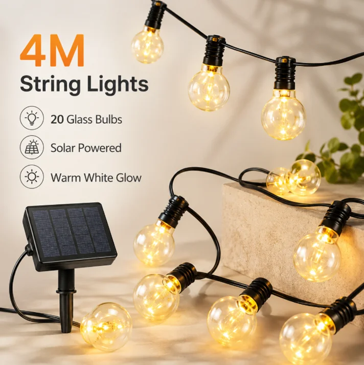 Guirlandes lumineuses décoratives à énergie solaire de 4M, guirlandes lumineuses LED imperméables pour l'extérieur, pour jardin, patio, cour, décoration de fête de mariage