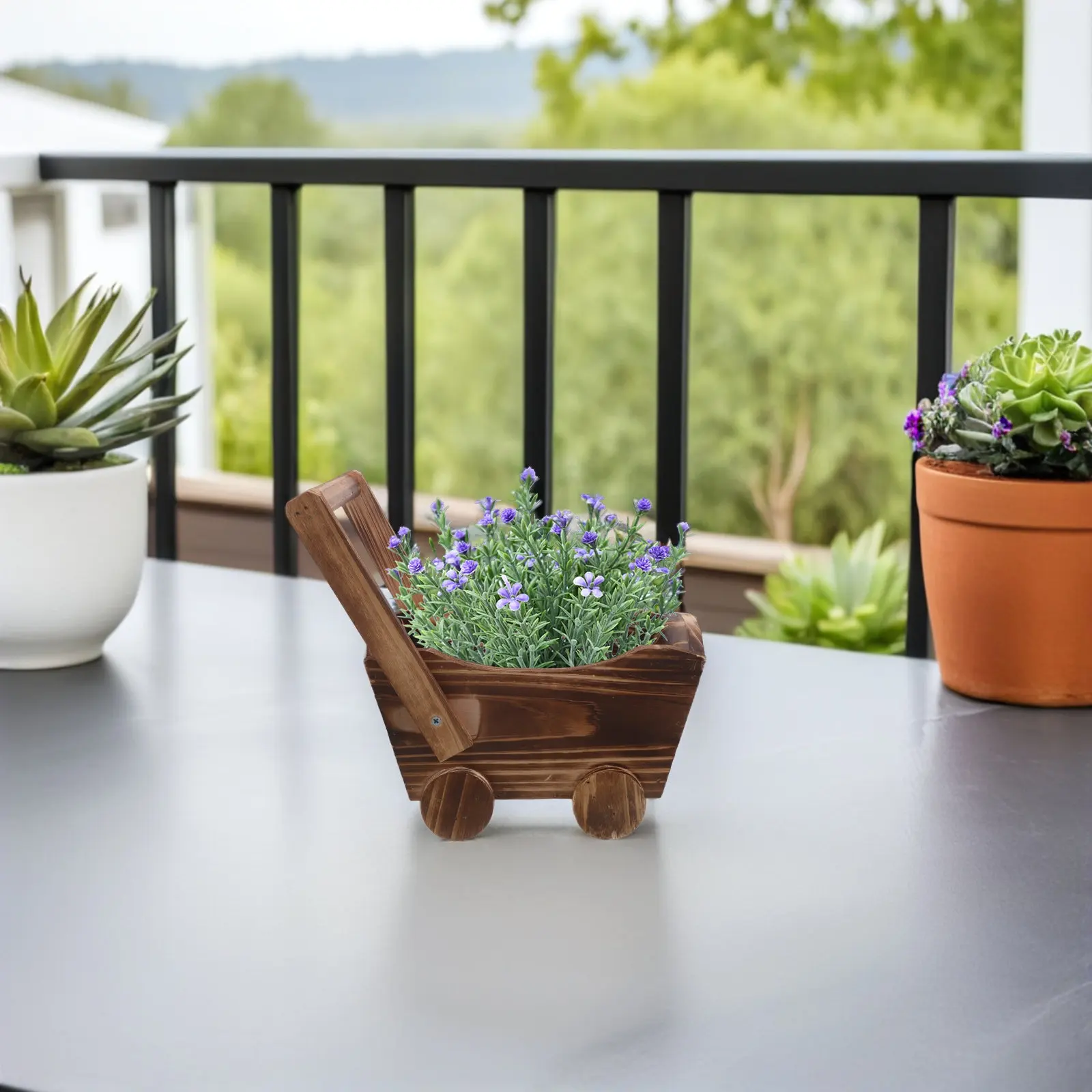 Wooden Trolley Succulent Flower Pot Wagon Shaped Planter with Wheels for Indoor Plants Desktop Coffee Shop Garden Decor Rustic