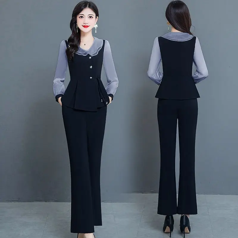 Fashion Pants Sets For Women 2024 Spring New Office Lady Ruffled Collar Patchwork 2 Pieces Pantsuits Female Costume Outfits