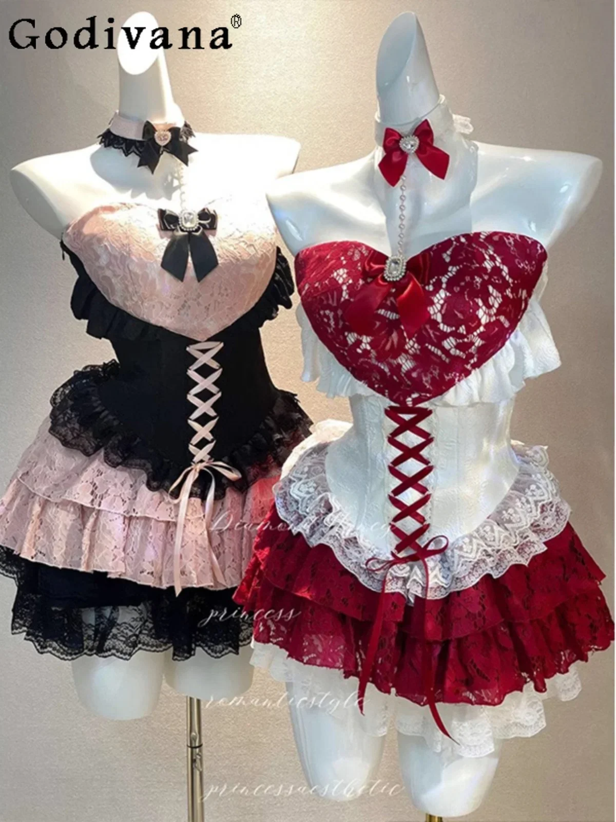 

French Celebrity Style Lolita Strapless Neck Princess Dress Girls Sweet Bow Lace Sleeveless Top and Skirt Set Two-piece Set