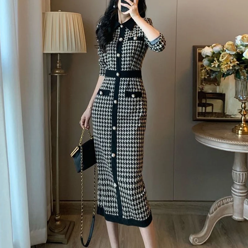 Spring Autumn New Slim Knitting Midi Dress Women High Street Long Sleeve Button Dresses Elegant Plaid Printing Chic Vestidos