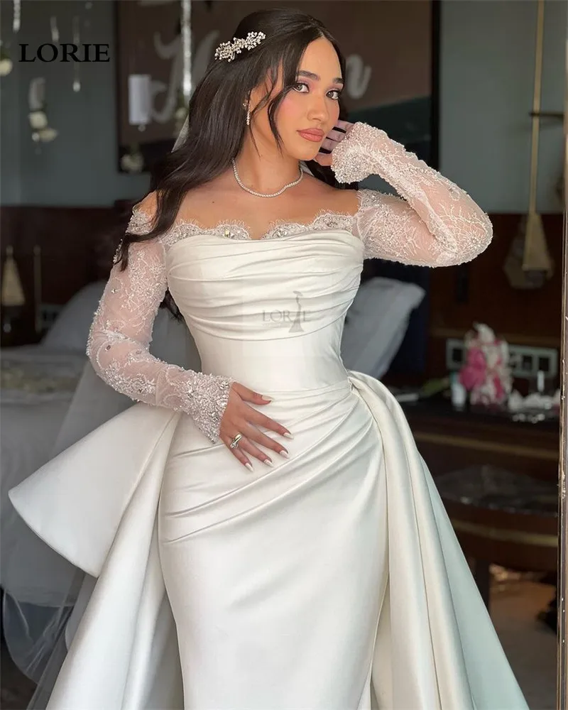 LORIE vestido de novia de sirena de marfil, hombros descubiertos, encaje, manga larga, vestidos de novia de princesa