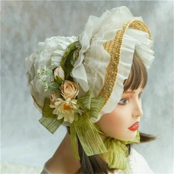 Handmade SunHat Lace Decorated Courtly Style Tea Party for Lolita Women Court Miss Straw Hat SunHat with Ribbon