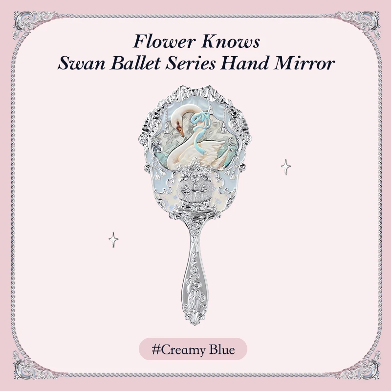 Flower Knows Swan Ballet Series Miroir de maintien à la main 3 types d'outils de maquillage en relief exquis Miroir de maquillage HD pour dames bleu rose