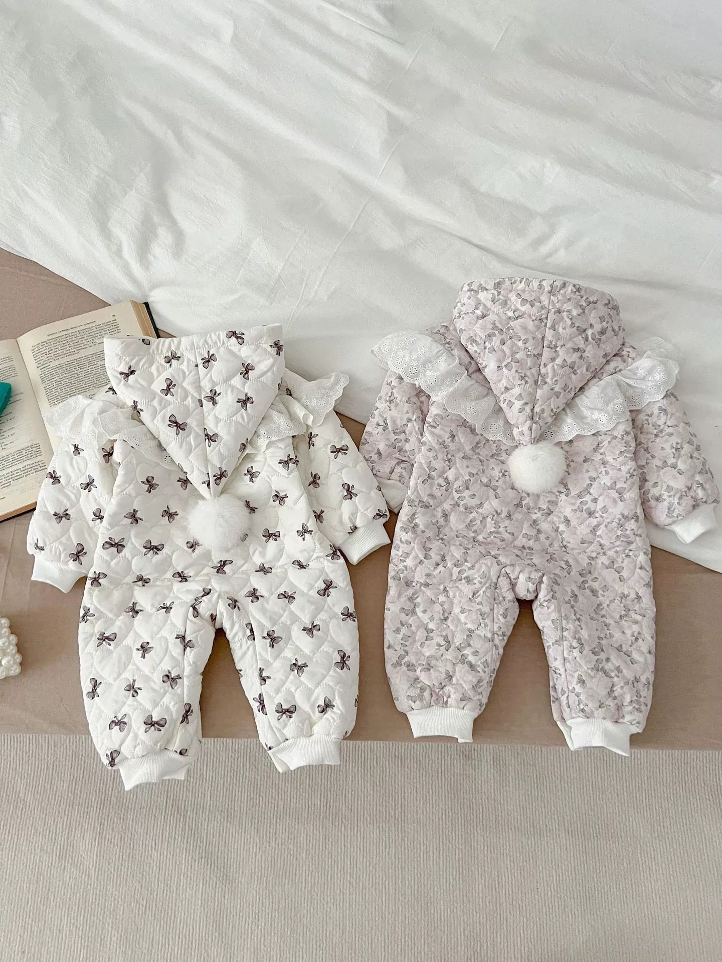 Baby Winter Romper Cotton Clothes for Infants and Young Children with Added Velvet Princess Floral Thickened Outdoor Jumpsuit
