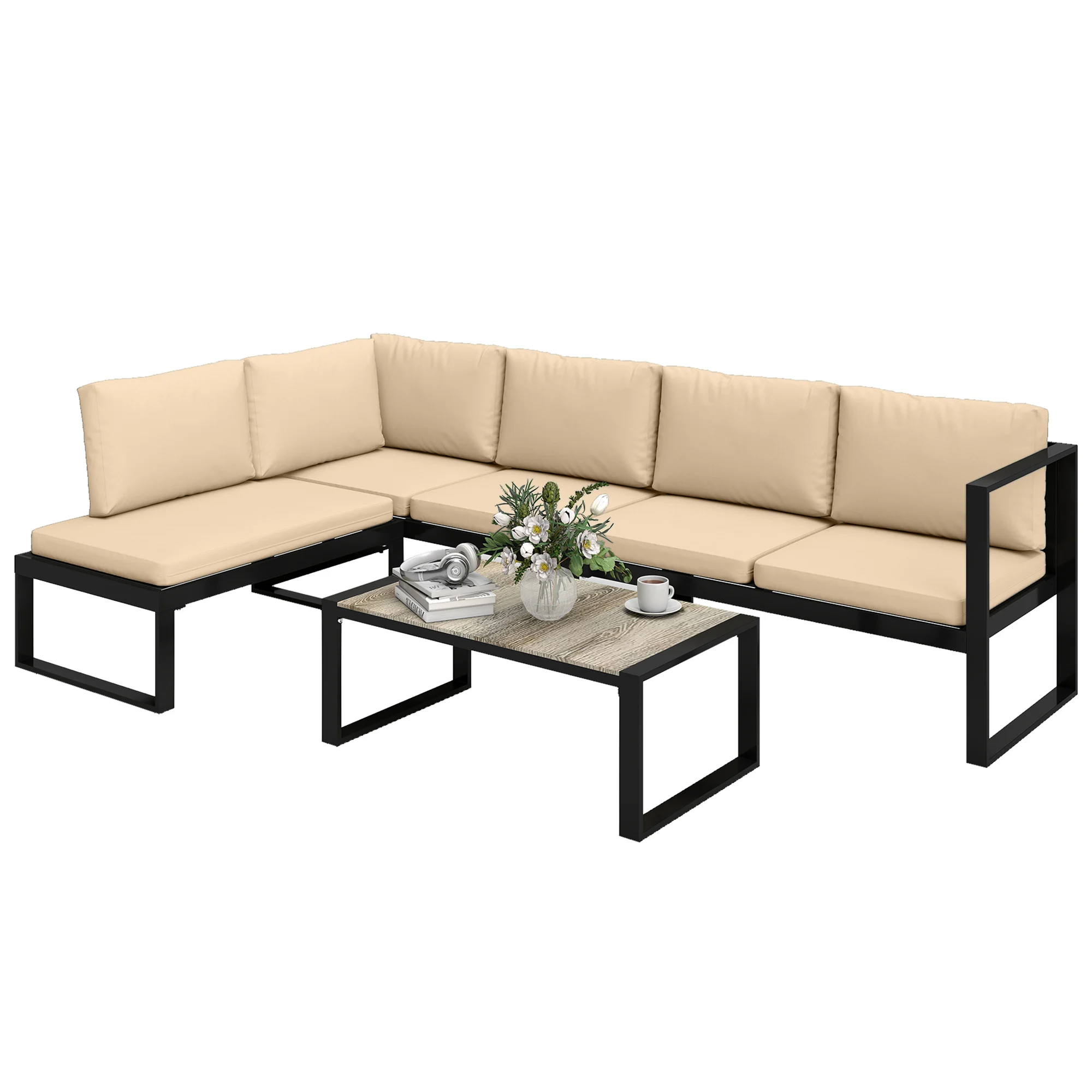 Outsunny Conjunto de Jardín Exterior 2 Sofás de 2 Plazas 1 Sillón y Mesa Caqui