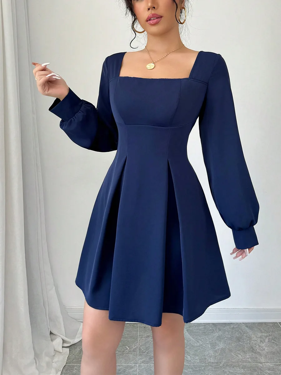 

New Daily Dress Summer Casual Solid Color Versatile Loose Elegant Fashion Woman Clothes Long-sleeved Square Neck Waist Dresses