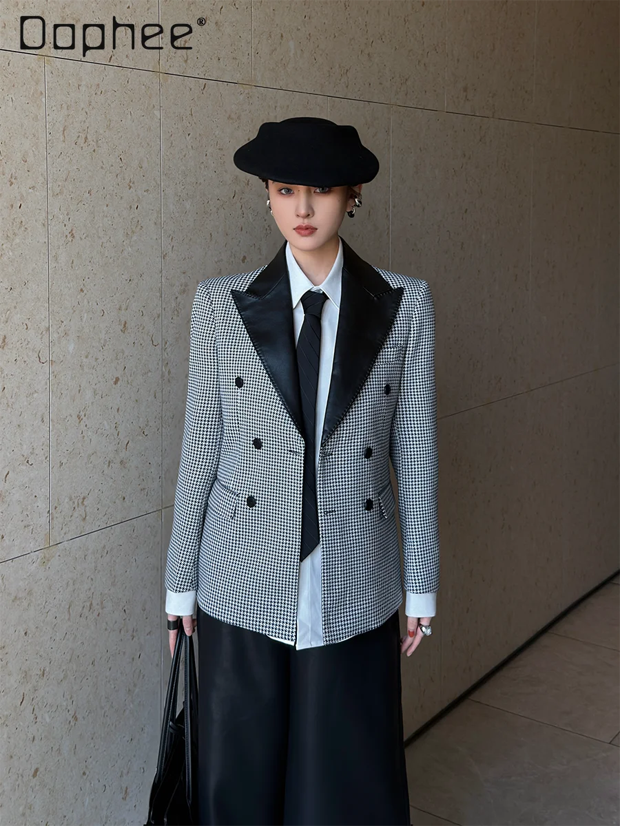 

Hepburn Style Retro Blazer Office Lady Turn-Down Collar Color Block Double-Breasted Slim Fit High-End Suit Trendy Plaid Blazer