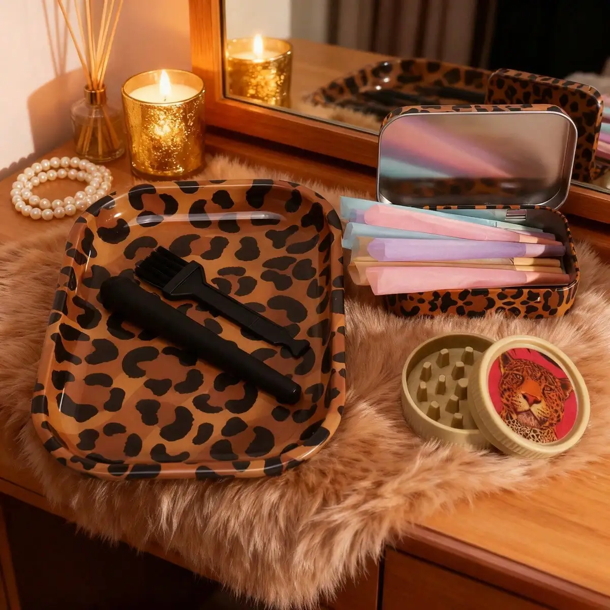 

6pcs Leopard Pattern Rolling Tray Set | Includes Rolling Tray, Grinder, Tin Box, 1 Tube, Cleaning Brush, 8-Pack Colorful Cones